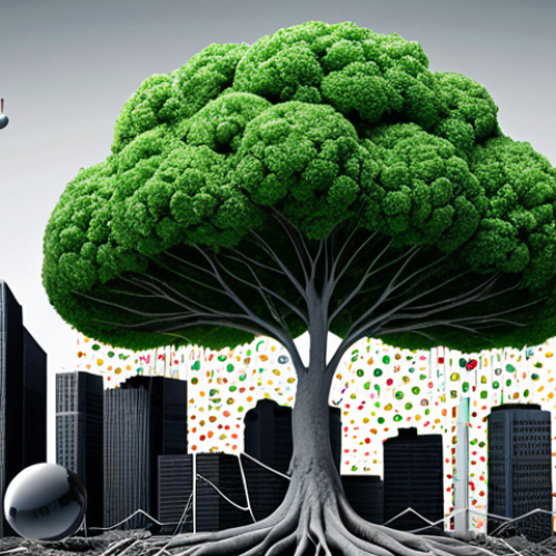 Home 14 A symbolic visual representation of the metamorphosis in Venture Capital. The left side depicts the "Hype Era" with abstract, inflated financial bubbles floating around a chaotic, dynamic cityscape, bright, ephemeral lights, and a general sense of unsustainable rapid growth. On the right side, the "Substance Era" is shown with strong, growing tree roots intertwining with clear, rising bar graphs and digital interfaces displaying concrete, data-driven metrics. The scene should convey stability, sustainability, and thoughtful, strategic investment in a modern European business environment, with a blend of technological and natural elements. High contrast, professional, metaphorical.
