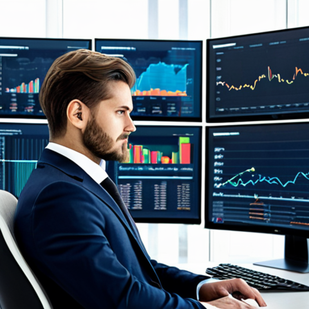 A focused professional financial analyst in a modest business suit, sitting at a sleek desk in a modern, high-tech office. Multiple large screens display complex financial charts, AI-driven data visualizations, and predictive analytics. The atmosphere conveys innovation and expertise. The subject is fully clothed, appropriate attire, safe for work, perfect anatomy, correct proportions, natural pose, well-formed hands, natural body proportions, professional photography, high quality, realistic, appropriate content, modest clothing.