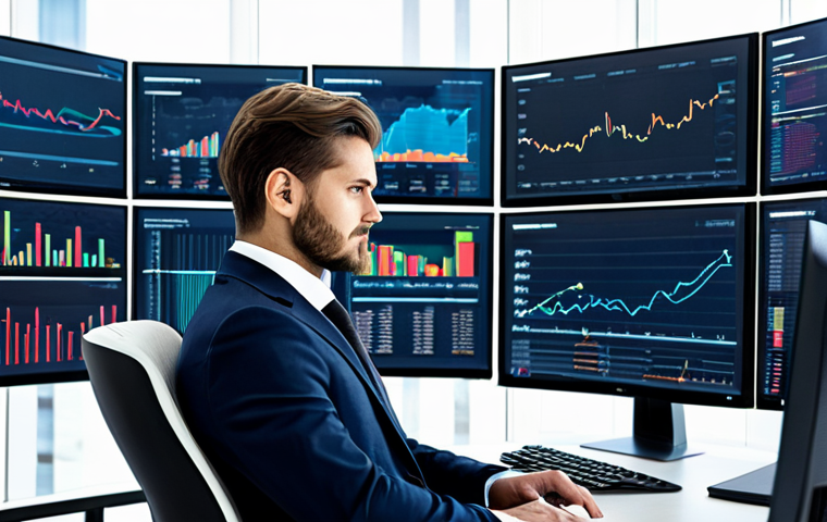 A focused professional financial analyst in a modest business suit, sitting at a sleek desk in a modern, high-tech office. Multiple large screens display complex financial charts, AI-driven data visualizations, and predictive analytics. The atmosphere conveys innovation and expertise. The subject is fully clothed, appropriate attire, safe for work, perfect anatomy, correct proportions, natural pose, well-formed hands, natural body proportions, professional photography, high quality, realistic, appropriate content, modest clothing.