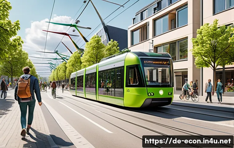 환경경제학과 탄소세 - A detailed urban scene in a modern German city showing diverse people using sustainable transportati...
