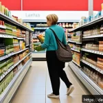 Home 18 행동경제학 주요 개념 - A modern German supermarket aisle scene showcasing a diverse group of shoppers selecting products. F...