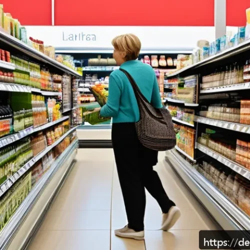 Home 30 행동경제학 주요 개념 - A modern German supermarket aisle scene showcasing a diverse group of shoppers selecting products. F...