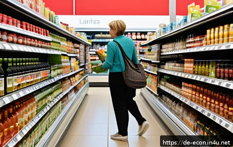 행동경제학 주요 개념 - A modern German supermarket aisle scene showcasing a diverse group of shoppers selecting products. F...