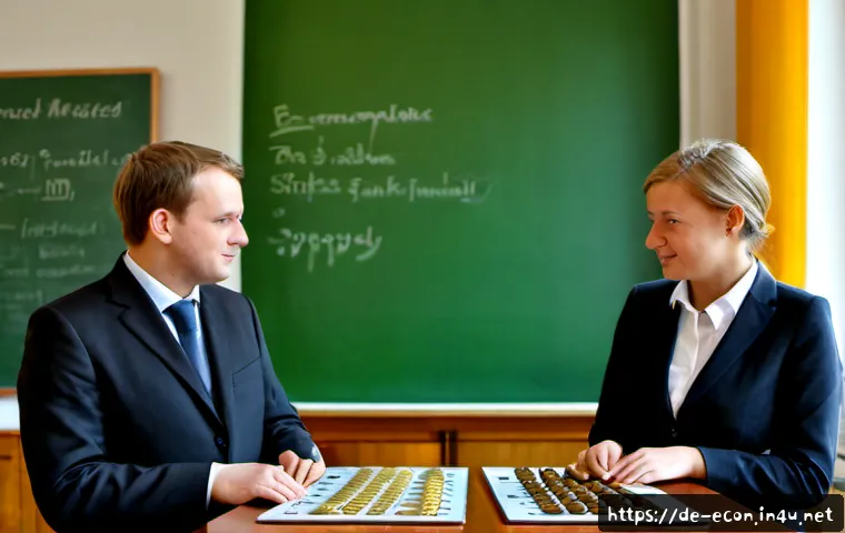 Home 17 경제학파 비교 분석 - Photorealistic editorial scene of two German economists in a bright Berlin university seminar room, ...